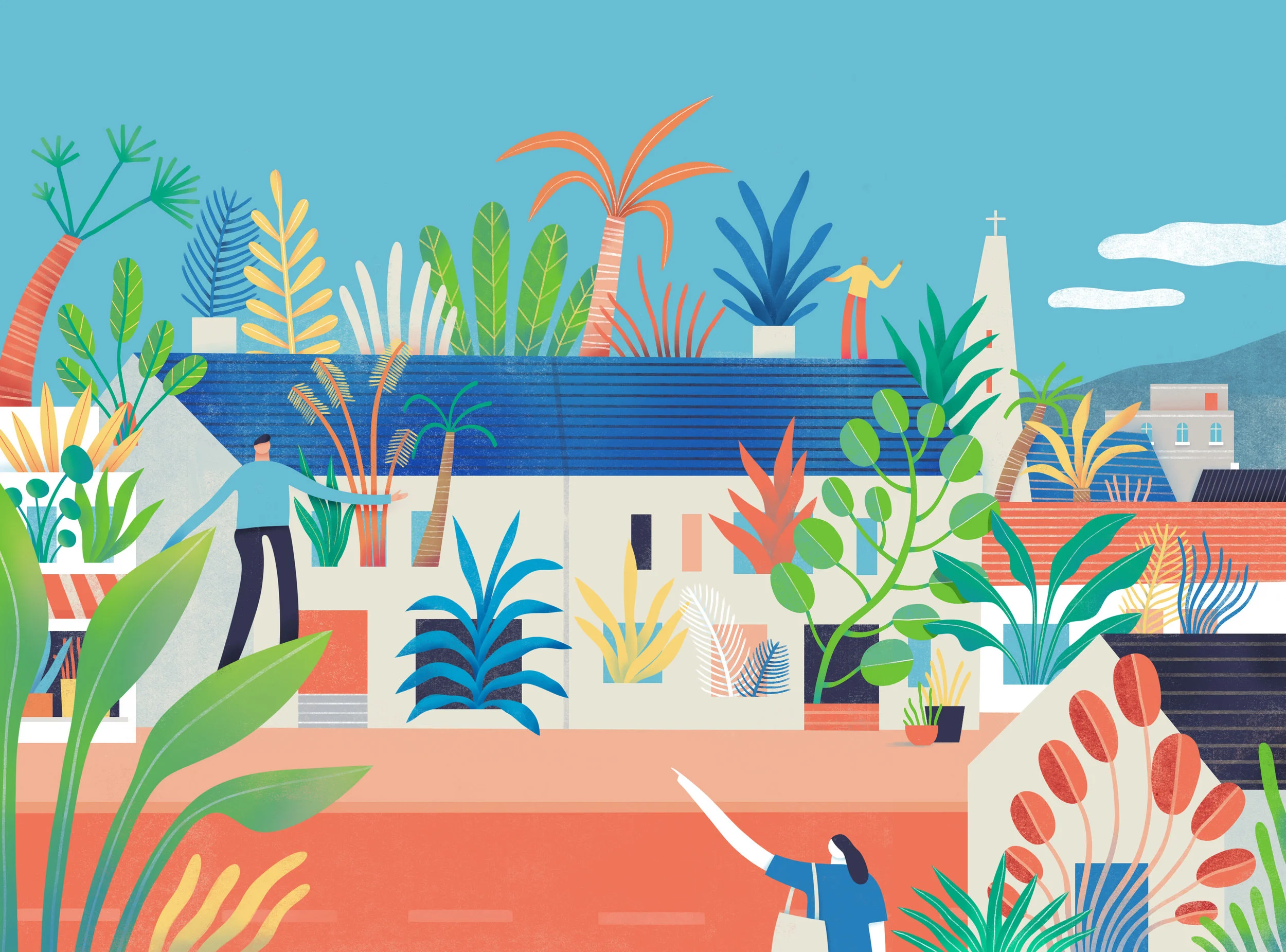 Illustration of a plant-filled house and garden